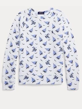 Polo by Ralph Lauren White Spa Terry Sweatshirt with Blue Sailboat Print